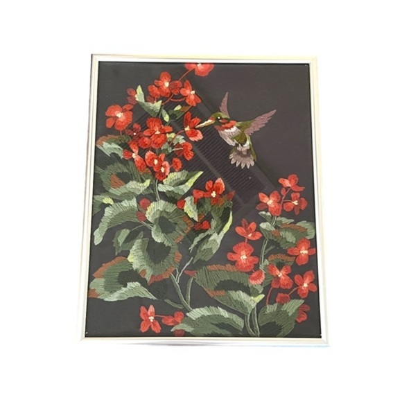 Vtg Completed Framed Embroidered Les Didier Ruby Throated Hummingbird & Begonias - Picture 7 of 8